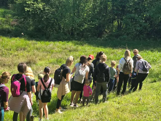 Otroci in starši na pohodu po travniku ob gozdu
